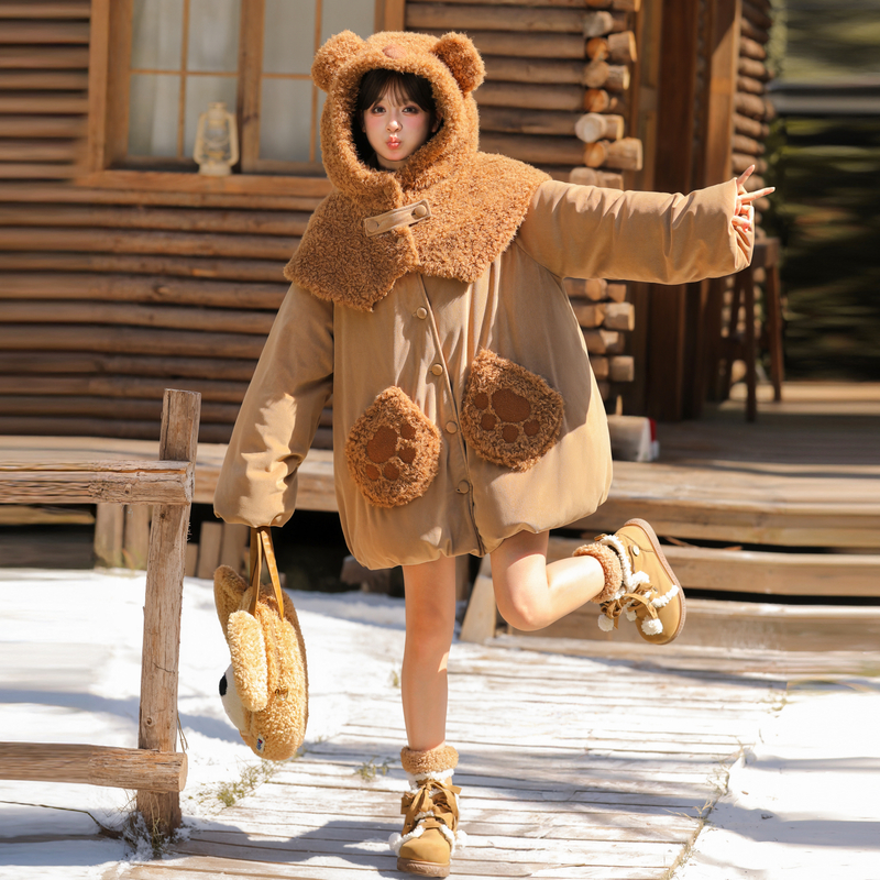 上新限时88折森女部落萌趣小熊棉服女可拆卸帽子设计感宽松外套冬