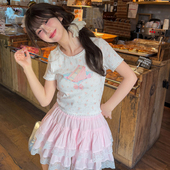 森女部落原创甜美碎花蛋糕印花蕾丝花边拼接短袖 女纯欲风T恤夏季