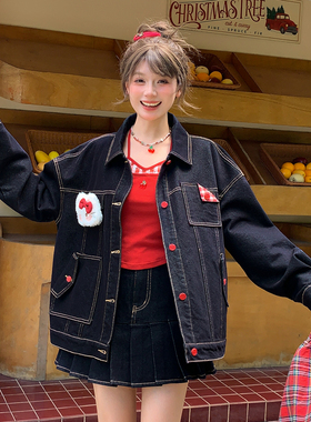 森女部落甜美百搭猫咪牛仔外套女2026新款春秋宽松长袖设计感上衣