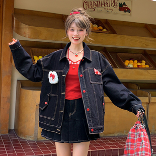 森女部落甜美百搭猫咪牛仔外套女2025新款 设计感上衣 春秋宽松长袖