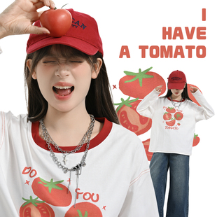 森女部落可爱风水果印花撞色纯棉上衣宽松圆领长袖 T恤女2025新款