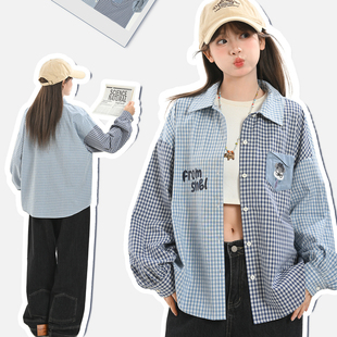 森女部落甜美可爱小狗刺绣设计感撞色格子衬衫 宽松上衣 女2025新款