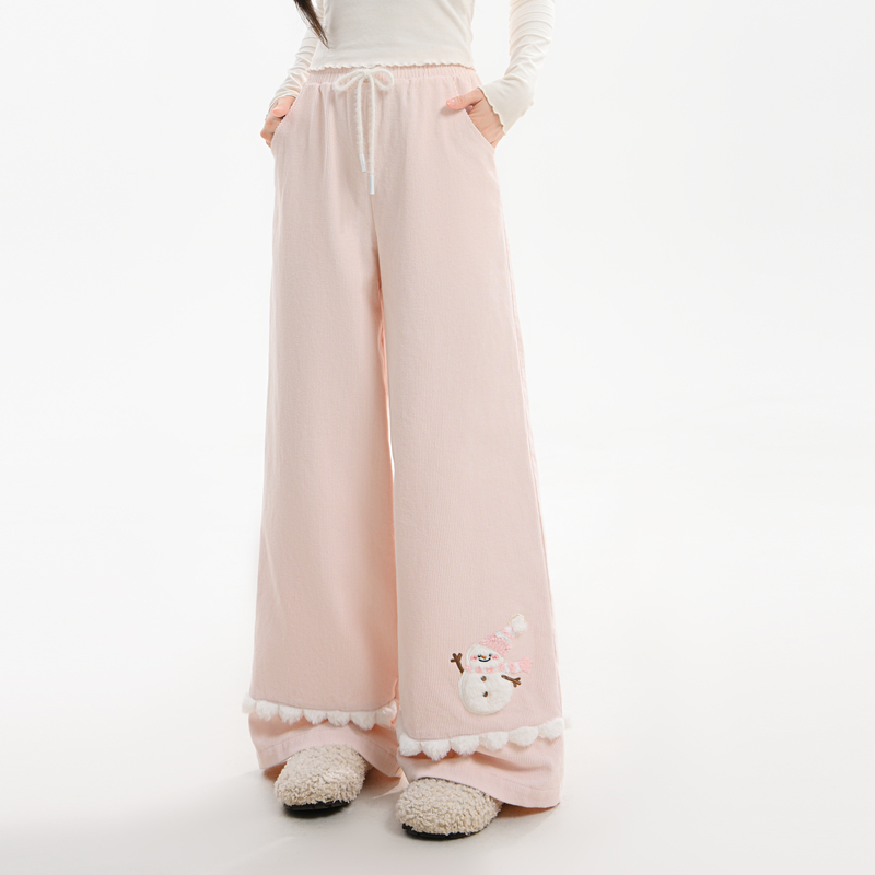 森女部落甜美风卡通刺绣高腰阔腿裤女2025新款设计感纯棉休闲裤秋