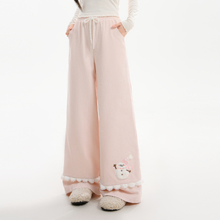 秋 设计感纯棉休闲裤 森女部落甜美风卡通刺绣高腰阔腿裤 女2025新款
