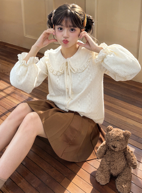 森女部落原创甜美蕾丝宽松娃娃领长袖衬衫上衣内搭叠穿女装冬新款