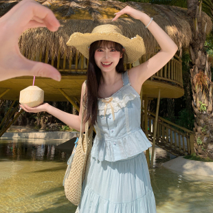 森女部落度假风收腰吊带女2026新款 蕾丝拼接设计感百搭海边背心夏