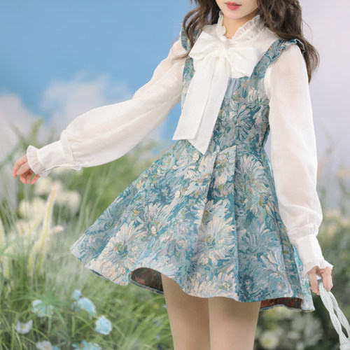 森女部落原创背带连衣裙雪纺衬衫