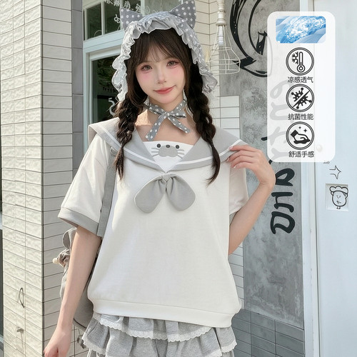 森女部落学院风撞色水手领T恤女2026新款蝴蝶结设计感短袖上衣夏