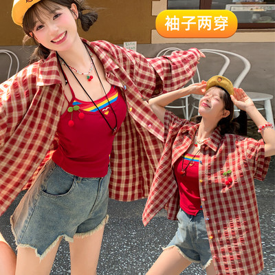 甜美风两穿格子衬衫女夏衬衣外套