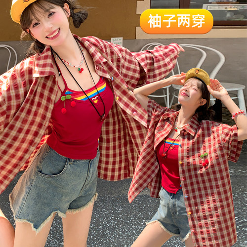 甜美风两穿格子衬衫女夏衬衣外套