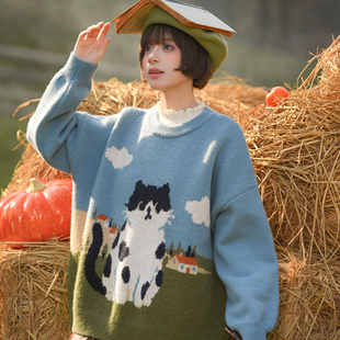冬季 森女部落萌趣奶牛猫提花套头毛衣女新款 文艺风百搭宽松针织衫