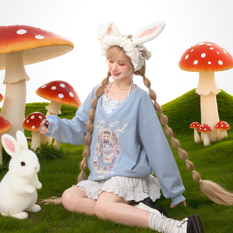 森女部落甜美风假两件加绒卫衣女新款秋冬童话印花设计感挂脖上衣