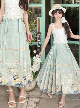 森女部落原创古风织金汉服八分马面裙半身裙新中式长裙绿色裙子夏