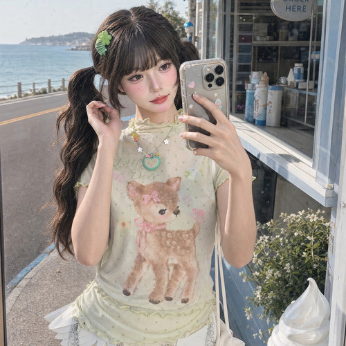森女部落正肩短袖T恤女2026秋季新款波点小鹿印花设计感修身上衣
