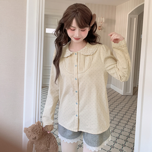 上衣冬季 设计感宽松百搭长袖 女新款 森女部落甜美风娃娃领波点衬衫