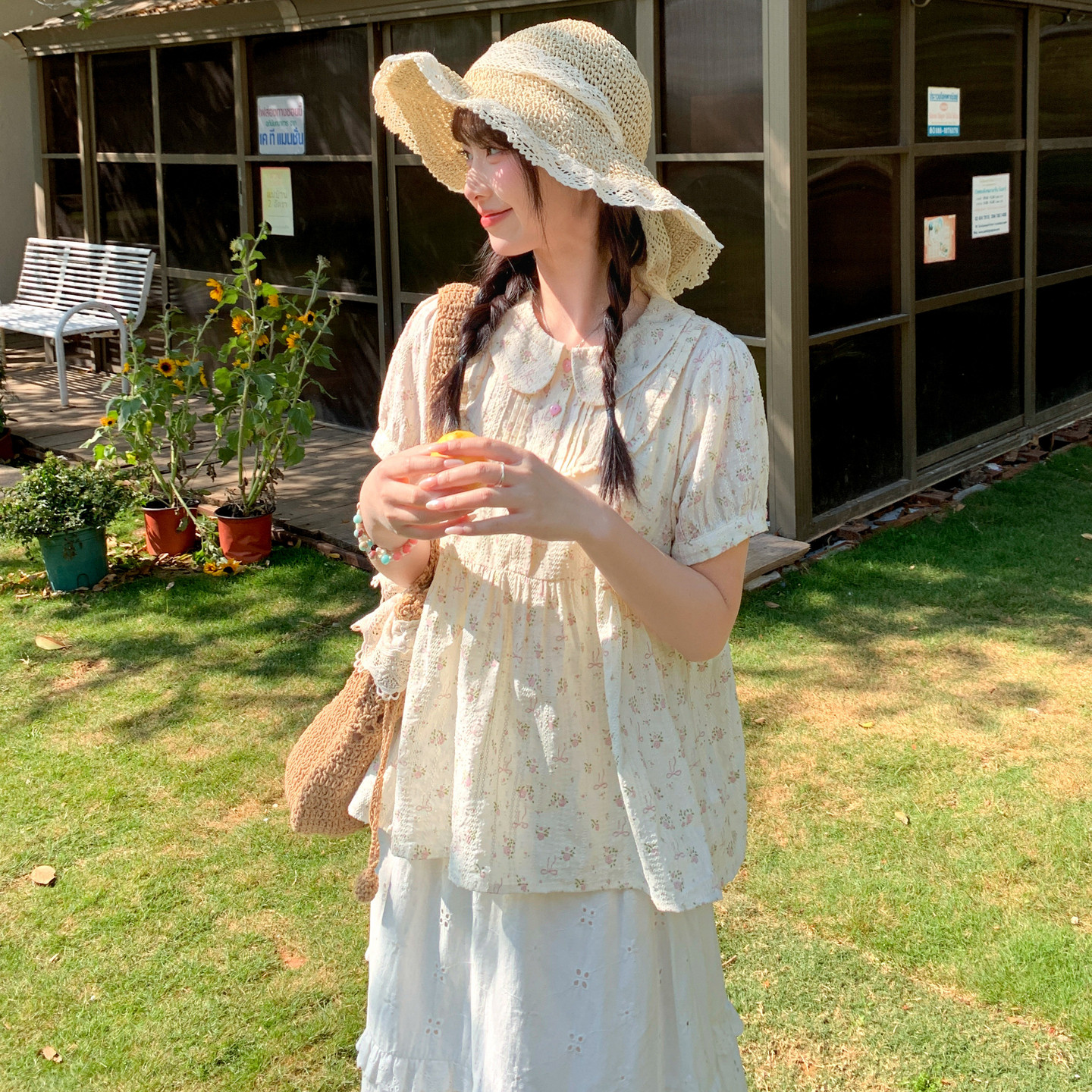 森女部落森系碎花娃娃领衬衫女夏泡泡袖设计感百搭宽松少女感上衣