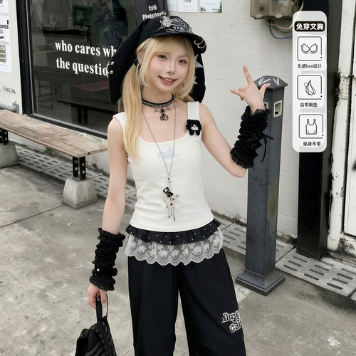 森女部落原创奶牛喵系列背心外穿吊带女带胸垫修身上衣显瘦打底衫