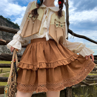 森女部落民族风高腰蛋糕裙纯色流苏设计感百搭半身裙女2025新款 秋