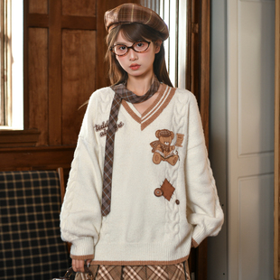 V领毛衣 宽松长袖 森女部落甜美可爱小熊刺绣针织衫 女2025春秋新款