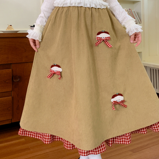 森女部落甜美风灯芯绒高腰A字裙女2025新款 秋冬苹果刺绣拼接长裙