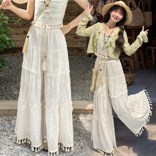 子2025新款 森女部落原创白色慵懒宽松直筒阔腿休闲裤 女蕾丝镂空裤