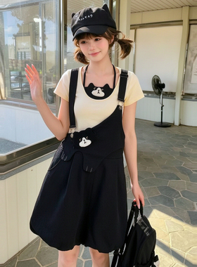 森女部落甜美风猫咪刺绣设计感背带裤女2026新款黑色花苞短裤夏季