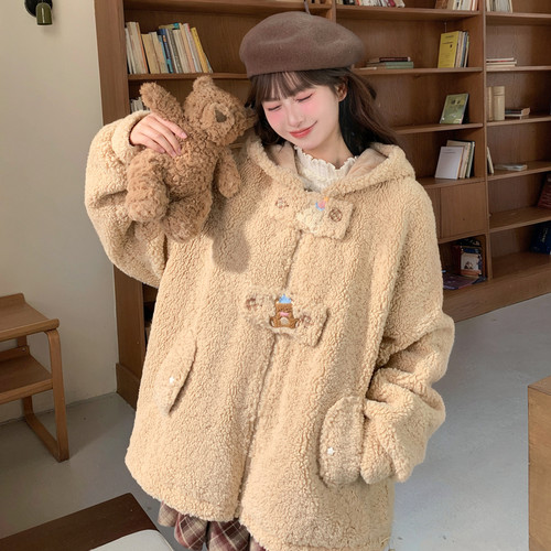 森女部落甜美萌趣连帽绒衫女2025新款设计感百搭宽松保暖外套冬季