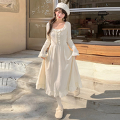 森女部落甜美秋冬打底仙女裙子花边方领气质淑女长裙连衣裙女新款