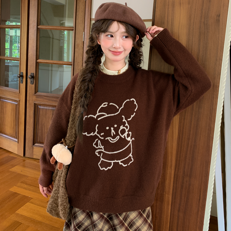 森女部落甜美风提花小狗圆领毛衣女宽松显瘦百搭套头针织上衣秋冬