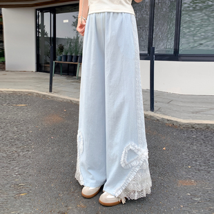 女春夏季 甜妹风宽松垂感遮肉长裤 森女部落蝴蝶结蕾丝休闲裤