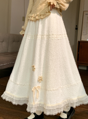 森女部落甜美森系高腰半身裙女2025新款多层蕾丝设计感百搭长裙冬
