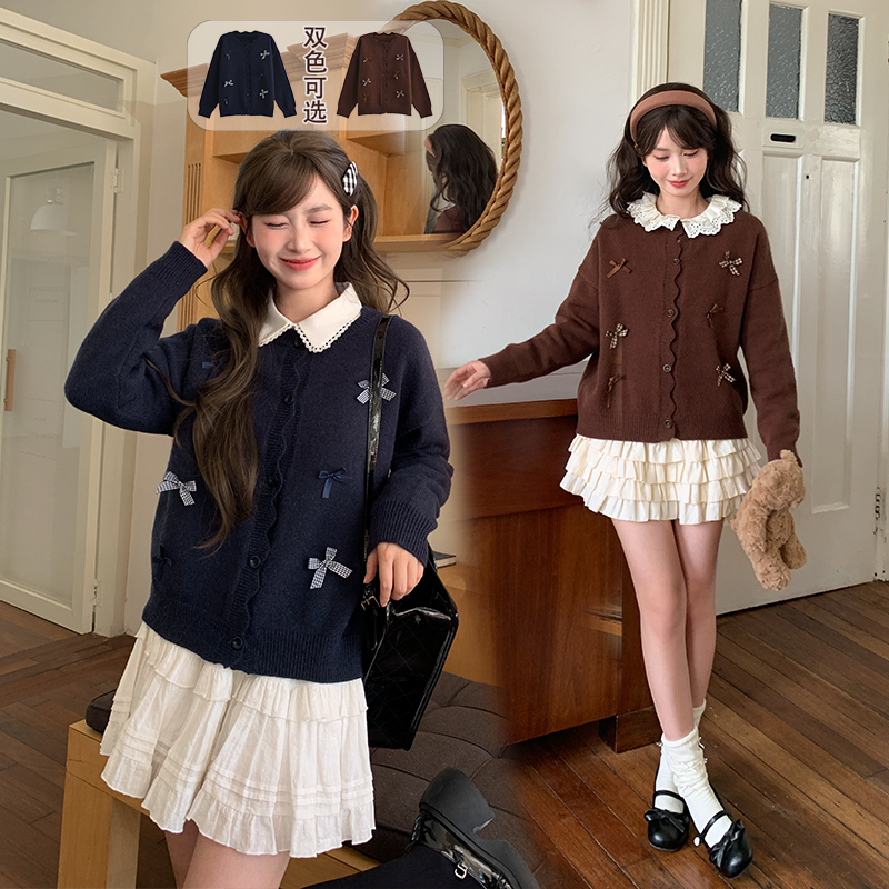 森女部落甜美风纯色长袖针织开衫女2025新款秋冬百搭宽松圆领毛衣