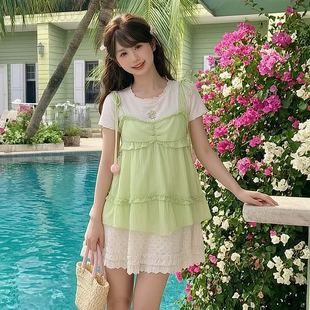 森女部落甜美T恤吊带叠穿两件套女2026夏季新款撞色显瘦百搭套装