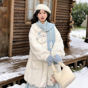 森女部落甜美风雪人设计感毛绒卫衣女新款撞色中长款保暖外套冬季