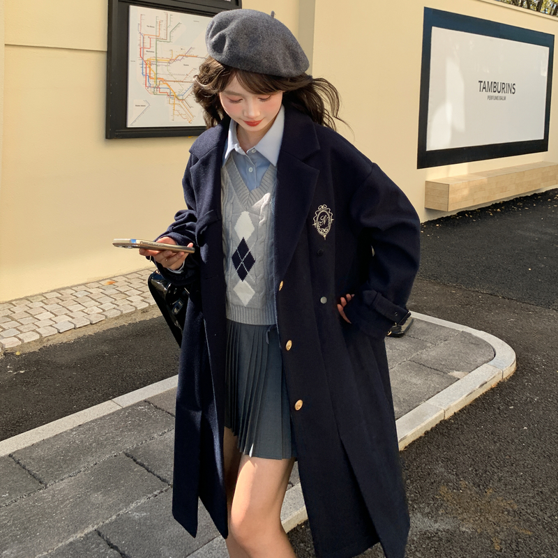 森女部落藏青色长款毛呢外套女2025新款刺绣学院风百搭宽松大衣秋
