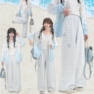 穿搭女 春秋季 森女部落童趣蓝白条纹设计高腰阔腿休闲裤 2025新款