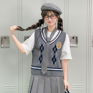 森女部落原创毛针织衫 女校供感JK搭配叠穿针织马甲菱格灰色高级感