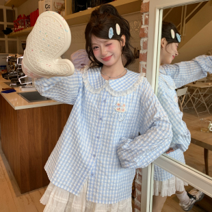 春季 女娃娃领宽松上衣2025新款 衬衫 森女部落甜美可爱猫咪刺绣长袖