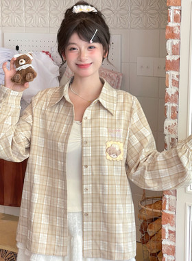 甜美风小熊刺绣百搭格子衬衫女秋