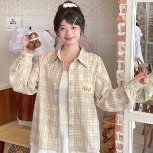 宽松显瘦百搭上衣秋季 森女部落甜美风小熊刺绣格子衬衫 女2025新款