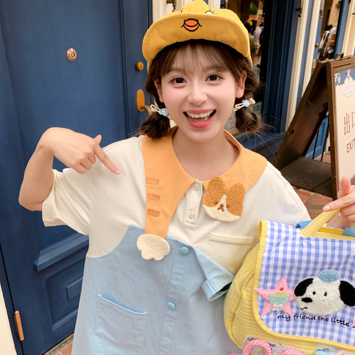 森女部落假两件连衣裙设计感可爱小猫领甜美宽松短袖2026夏季新款