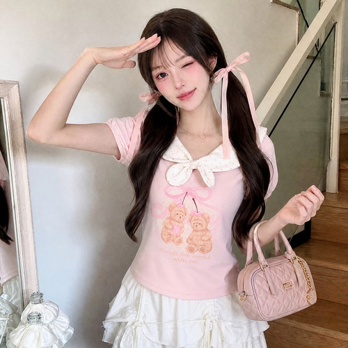 森女部落学院风粉色短袖上衣少女感波点领小熊印花甜妹感T恤夏季