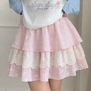 森女部落甜美风粉色蕾丝拼接蛋糕裙女2025新款 百搭高腰半身裙秋季