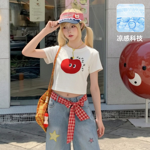 森女部落萌趣苹果T恤女夏季短袖女凉感高腰短款圆领上衣2026夏