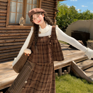 秋冬格子拼接蕾丝花边马甲 女2025新款 森女部落甜美风宽松时尚 套装