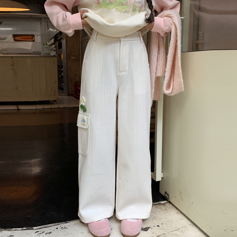 森女部落甜美小花刺绣直筒休闲裤女2025新款秋冬宽松显瘦阔腿长裤