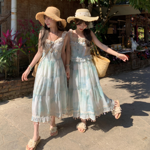 森女部落海边度假时尚 女夏仙系蕾丝流苏背心大摆半身裙两件套 套装