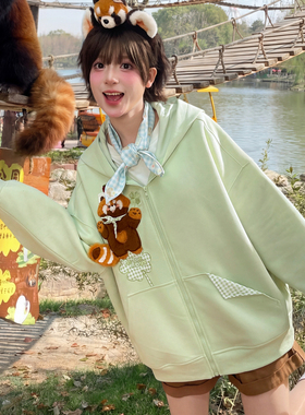 森女部落甜美风小熊猫刺绣设计感连帽外套女新款宽松百搭上衣夏季