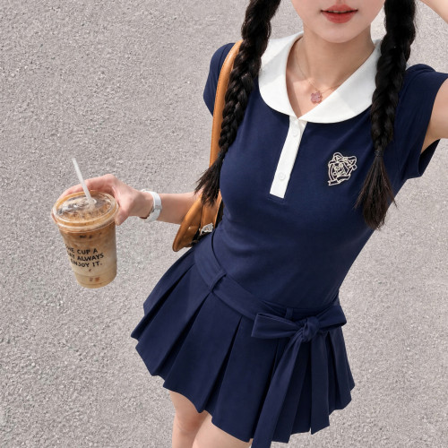 森女部落藏青色修身学院风连衣裙女夏薄款学生可爱娃娃领运动裙子