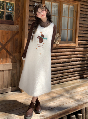 森女部落古着感叠穿毛绒背心裙2025新款百搭刺绣无袖连衣裙女秋冬